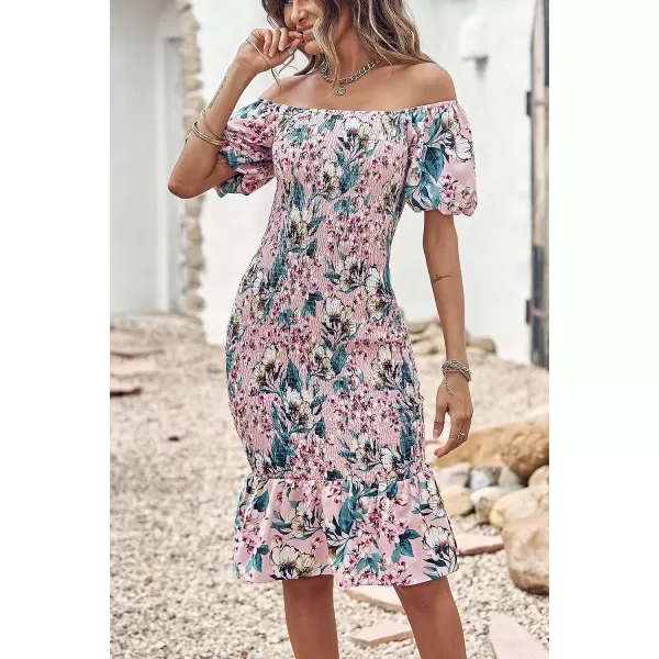 imagePRETTYGARDEN Womens Summer Floral Midi Bodycon Dresses Short Puff Sleeve Square Neck Ruffle Hem Mermaid Cocktail DressFloral Pink Green Apricot