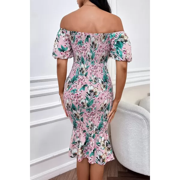 imagePRETTYGARDEN Womens Summer Floral Midi Bodycon Dresses Short Puff Sleeve Square Neck Ruffle Hem Mermaid Cocktail DressFloral Pink Green Apricot