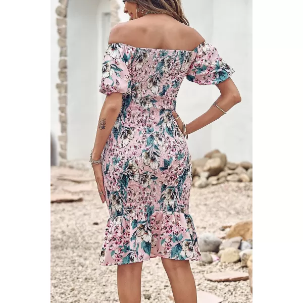 imagePRETTYGARDEN Womens Summer Floral Midi Bodycon Dresses Short Puff Sleeve Square Neck Ruffle Hem Mermaid Cocktail DressFloral Pink Green Apricot