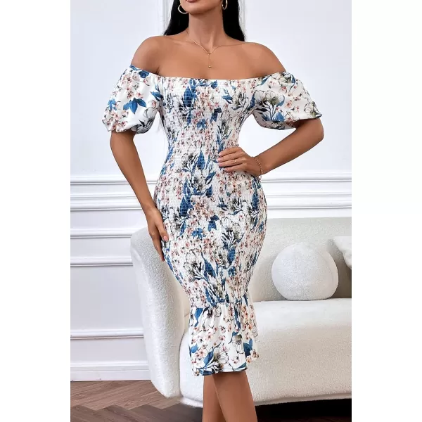 imagePRETTYGARDEN Womens Summer Floral Midi Bodycon Dresses Short Puff Sleeve Square Neck Ruffle Hem Mermaid Cocktail DressFloral White Blue