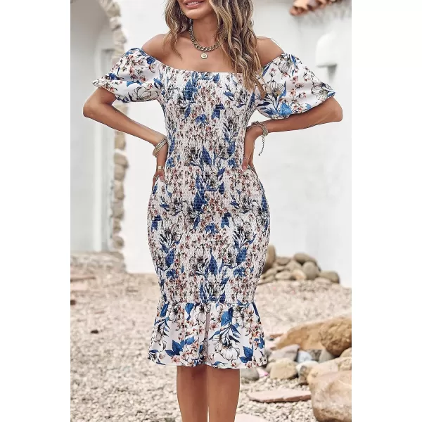 imagePRETTYGARDEN Womens Summer Floral Midi Bodycon Dresses Short Puff Sleeve Square Neck Ruffle Hem Mermaid Cocktail DressFloral White Blue