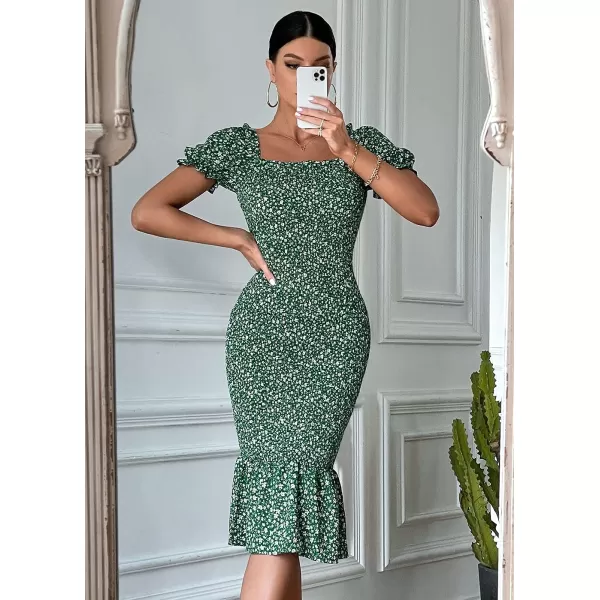imagePRETTYGARDEN Womens Summer Floral Midi Bodycon Dresses Short Puff Sleeve Square Neck Ruffle Hem Mermaid Cocktail DressGreen