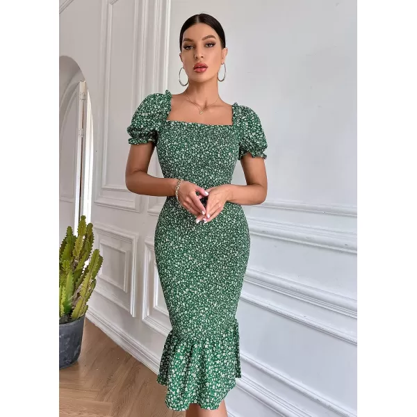imagePRETTYGARDEN Womens Summer Floral Midi Bodycon Dresses Short Puff Sleeve Square Neck Ruffle Hem Mermaid Cocktail DressGreen