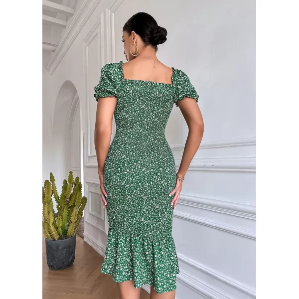 imagePRETTYGARDEN Womens Summer Floral Midi Bodycon Dresses Short Puff Sleeve Square Neck Ruffle Hem Mermaid Cocktail DressGreen