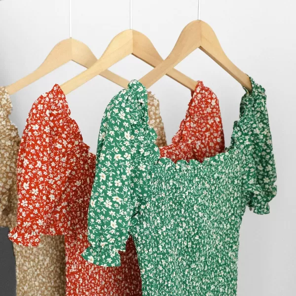 imagePRETTYGARDEN Womens Summer Floral Midi Bodycon Dresses Short Puff Sleeve Square Neck Ruffle Hem Mermaid Cocktail DressGreen