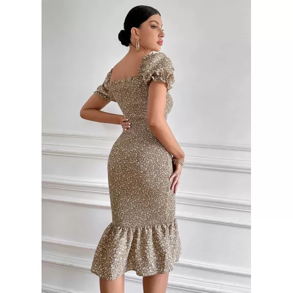 imagePRETTYGARDEN Womens Summer Floral Midi Bodycon Dresses Short Puff Sleeve Square Neck Ruffle Hem Mermaid Cocktail DressKhaki