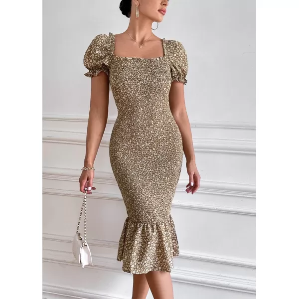 imagePRETTYGARDEN Womens Summer Floral Midi Bodycon Dresses Short Puff Sleeve Square Neck Ruffle Hem Mermaid Cocktail DressKhaki