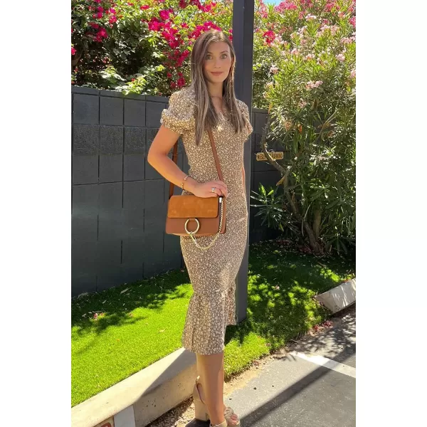 imagePRETTYGARDEN Womens Summer Floral Midi Bodycon Dresses Short Puff Sleeve Square Neck Ruffle Hem Mermaid Cocktail DressKhaki