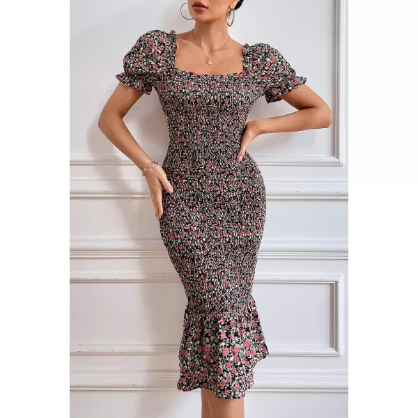 imagePRETTYGARDEN Womens Summer Floral Midi Bodycon Dresses Short Puff Sleeve Square Neck Ruffle Hem Mermaid Cocktail DressOrange