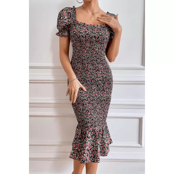 imagePRETTYGARDEN Womens Summer Floral Midi Bodycon Dresses Short Puff Sleeve Square Neck Ruffle Hem Mermaid Cocktail DressOrange