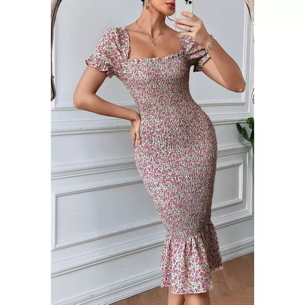 imagePRETTYGARDEN Womens Summer Floral Midi Bodycon Dresses Short Puff Sleeve Square Neck Ruffle Hem Mermaid Cocktail DressPink