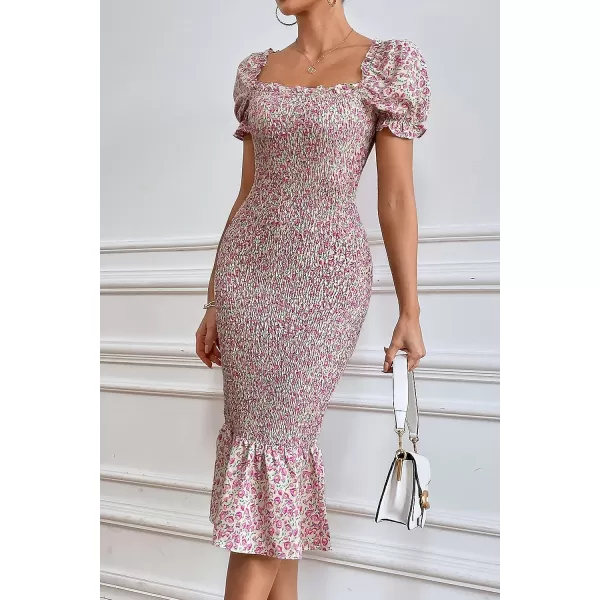 imagePRETTYGARDEN Womens Summer Floral Midi Bodycon Dresses Short Puff Sleeve Square Neck Ruffle Hem Mermaid Cocktail DressPink