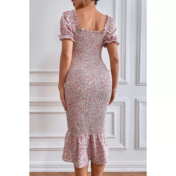 imagePRETTYGARDEN Womens Summer Floral Midi Bodycon Dresses Short Puff Sleeve Square Neck Ruffle Hem Mermaid Cocktail DressPink