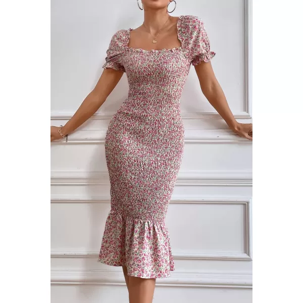 imagePRETTYGARDEN Womens Summer Floral Midi Bodycon Dresses Short Puff Sleeve Square Neck Ruffle Hem Mermaid Cocktail DressPink