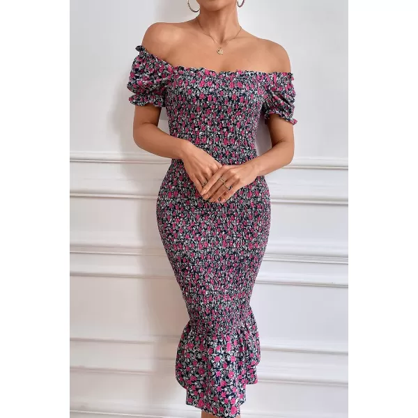 imagePRETTYGARDEN Womens Summer Floral Midi Bodycon Dresses Short Puff Sleeve Square Neck Ruffle Hem Mermaid Cocktail DressPurple