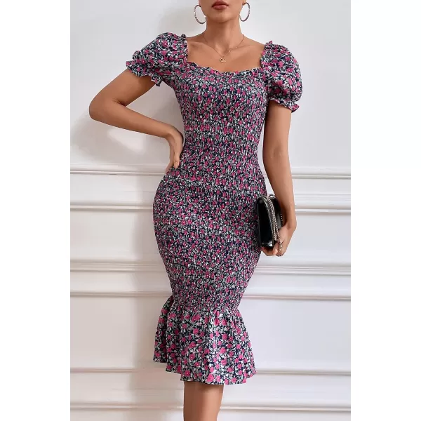 imagePRETTYGARDEN Womens Summer Floral Midi Bodycon Dresses Short Puff Sleeve Square Neck Ruffle Hem Mermaid Cocktail DressPurple