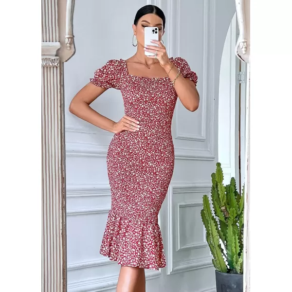 imagePRETTYGARDEN Womens Summer Floral Midi Bodycon Dresses Short Puff Sleeve Square Neck Ruffle Hem Mermaid Cocktail DressRed