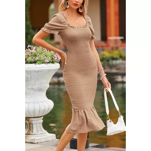 imagePRETTYGARDEN Womens Summer Floral Midi Bodycon Dresses Short Puff Sleeve Square Neck Ruffle Hem Mermaid Cocktail DressSolid Khaki