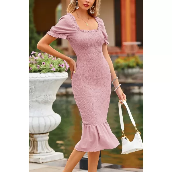 imagePRETTYGARDEN Womens Summer Floral Midi Bodycon Dresses Short Puff Sleeve Square Neck Ruffle Hem Mermaid Cocktail DressSolid Pink