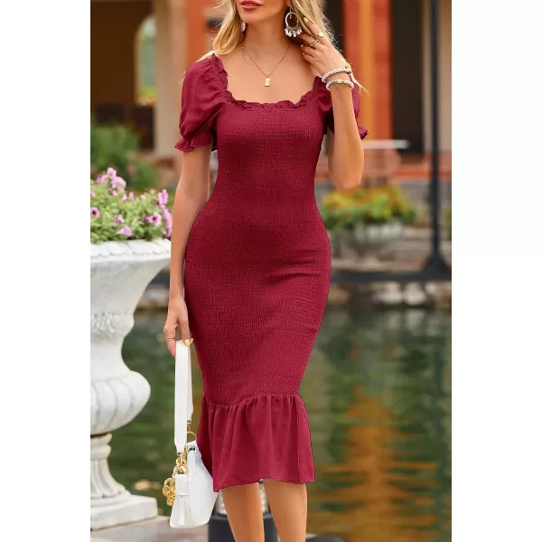 imagePRETTYGARDEN Womens Summer Floral Midi Bodycon Dresses Short Puff Sleeve Square Neck Ruffle Hem Mermaid Cocktail DressSolid Wine Red