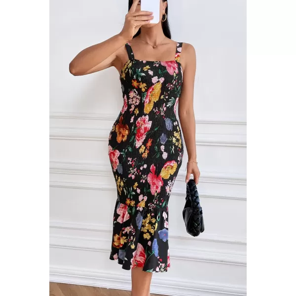 imagePRETTYGARDEN Womens Summer Floral Midi Tank Dress Sleeveless Strappy Ruffle Hem Smocked Bodycon DressesBlack Red Big Floral