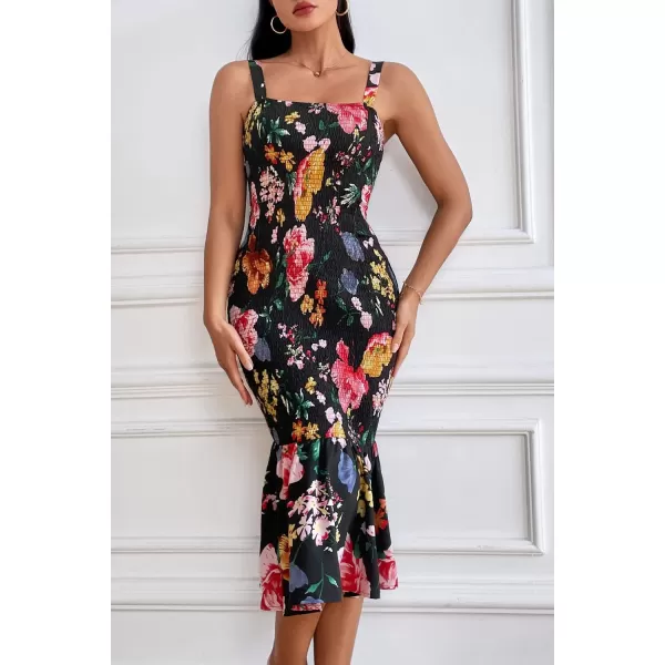 imagePRETTYGARDEN Womens Summer Floral Midi Tank Dress Sleeveless Strappy Ruffle Hem Smocked Bodycon DressesBlack Red Big Floral
