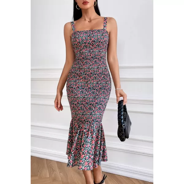 imagePRETTYGARDEN Womens Summer Floral Midi Tank Dress Sleeveless Strappy Ruffle Hem Smocked Bodycon DressesBlack Red Floral