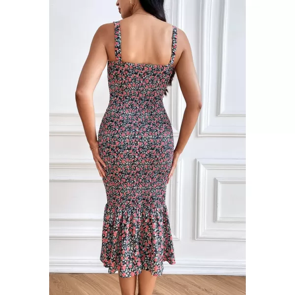 imagePRETTYGARDEN Womens Summer Floral Midi Tank Dress Sleeveless Strappy Ruffle Hem Smocked Bodycon DressesBlack Red Floral