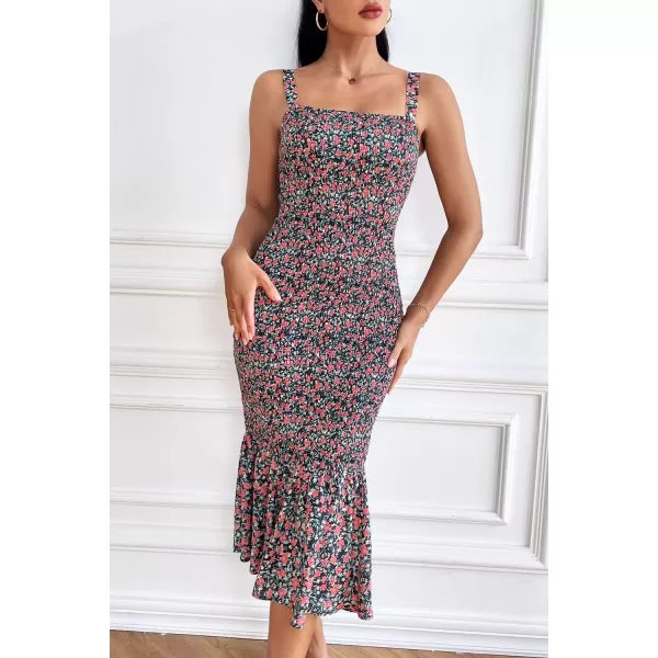 imagePRETTYGARDEN Womens Summer Floral Midi Tank Dress Sleeveless Strappy Ruffle Hem Smocked Bodycon DressesBlack Red Floral