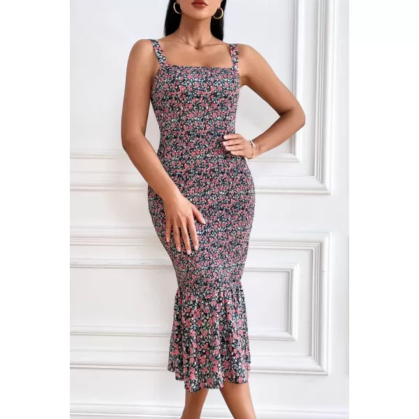 imagePRETTYGARDEN Womens Summer Floral Midi Tank Dress Sleeveless Strappy Ruffle Hem Smocked Bodycon DressesBlack Red Floral