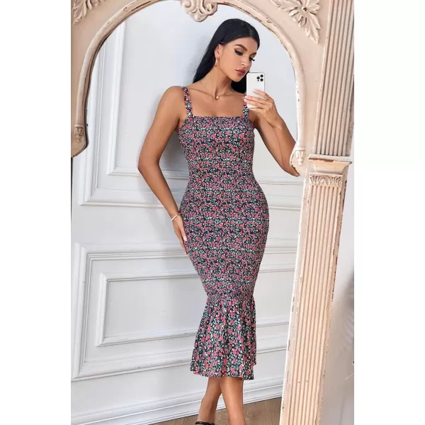 imagePRETTYGARDEN Womens Summer Floral Midi Tank Dress Sleeveless Strappy Ruffle Hem Smocked Bodycon DressesBlack Red Floral