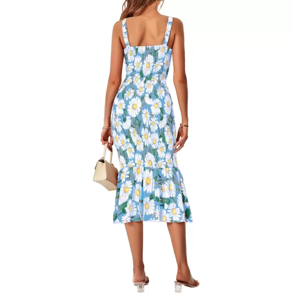 imagePRETTYGARDEN Womens Summer Floral Midi Tank Dress Sleeveless Strappy Ruffle Hem Smocked Bodycon DressesBlue Floral