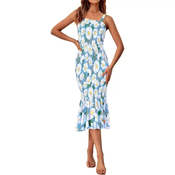 imagePRETTYGARDEN Womens Summer Floral Midi Tank Dress Sleeveless Strappy Ruffle Hem Smocked Bodycon DressesBlue Floral