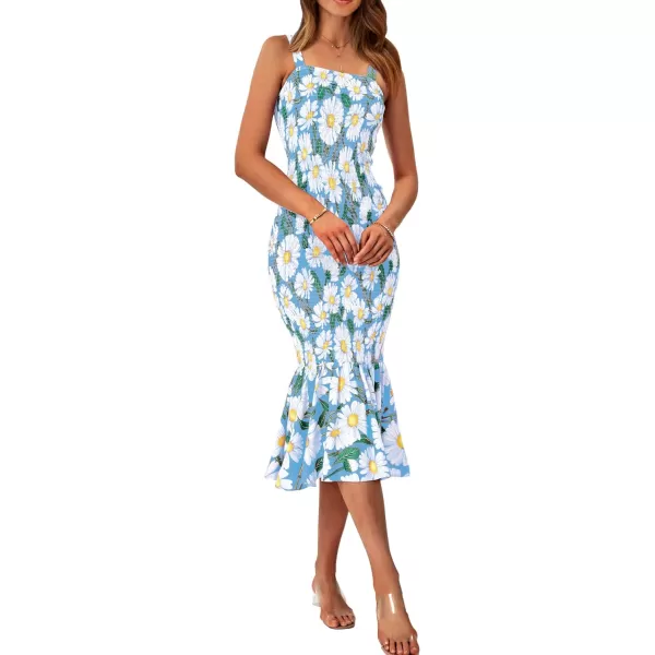 imagePRETTYGARDEN Womens Summer Floral Midi Tank Dress Sleeveless Strappy Ruffle Hem Smocked Bodycon DressesBlue Floral