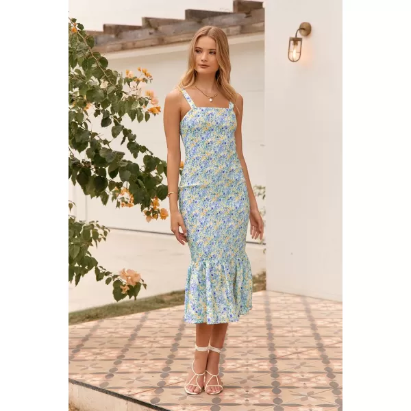 imagePRETTYGARDEN Womens Summer Floral Midi Tank Dress Sleeveless Strappy Ruffle Hem Smocked Bodycon DressesBlue Green Floral