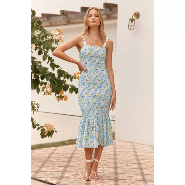 imagePRETTYGARDEN Womens Summer Floral Midi Tank Dress Sleeveless Strappy Ruffle Hem Smocked Bodycon DressesBlue Green Floral