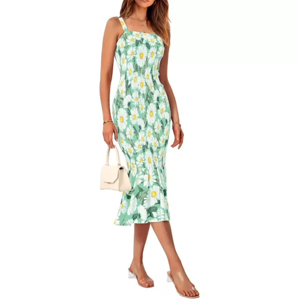 imagePRETTYGARDEN Womens Summer Floral Midi Tank Dress Sleeveless Strappy Ruffle Hem Smocked Bodycon DressesGreen Floral
