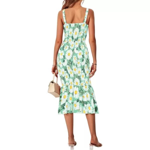 imagePRETTYGARDEN Womens Summer Floral Midi Tank Dress Sleeveless Strappy Ruffle Hem Smocked Bodycon DressesGreen Floral
