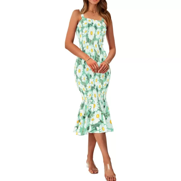 imagePRETTYGARDEN Womens Summer Floral Midi Tank Dress Sleeveless Strappy Ruffle Hem Smocked Bodycon DressesGreen Floral