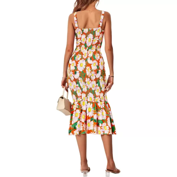 imagePRETTYGARDEN Womens Summer Floral Midi Tank Dress Sleeveless Strappy Ruffle Hem Smocked Bodycon DressesOrange Floral
