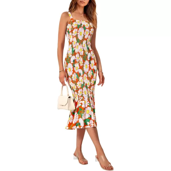 imagePRETTYGARDEN Womens Summer Floral Midi Tank Dress Sleeveless Strappy Ruffle Hem Smocked Bodycon DressesOrange Floral