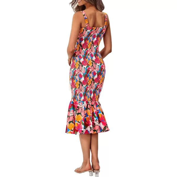 imagePRETTYGARDEN Womens Summer Floral Midi Tank Dress Sleeveless Strappy Ruffle Hem Smocked Bodycon DressesPink Blue Floral