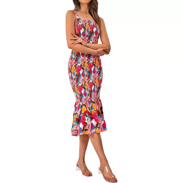 imagePRETTYGARDEN Womens Summer Floral Midi Tank Dress Sleeveless Strappy Ruffle Hem Smocked Bodycon DressesPink Blue Floral