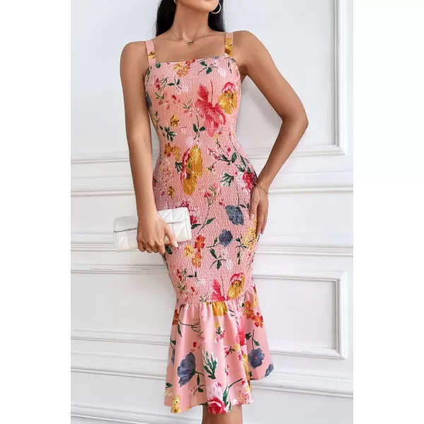 imagePRETTYGARDEN Womens Summer Floral Midi Tank Dress Sleeveless Strappy Ruffle Hem Smocked Bodycon DressesPink Red Big Floral