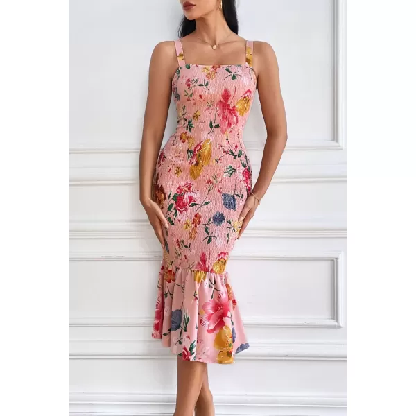 imagePRETTYGARDEN Womens Summer Floral Midi Tank Dress Sleeveless Strappy Ruffle Hem Smocked Bodycon DressesPink Red Big Floral