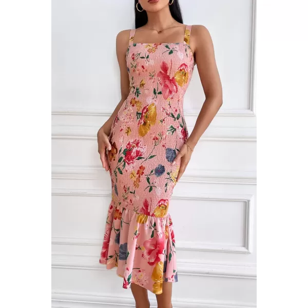 imagePRETTYGARDEN Womens Summer Floral Midi Tank Dress Sleeveless Strappy Ruffle Hem Smocked Bodycon DressesPink Red Big Floral