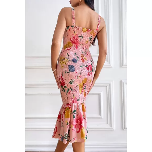 imagePRETTYGARDEN Womens Summer Floral Midi Tank Dress Sleeveless Strappy Ruffle Hem Smocked Bodycon DressesPink Red Big Floral