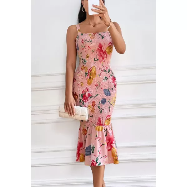 imagePRETTYGARDEN Womens Summer Floral Midi Tank Dress Sleeveless Strappy Ruffle Hem Smocked Bodycon DressesPink Red Big Floral