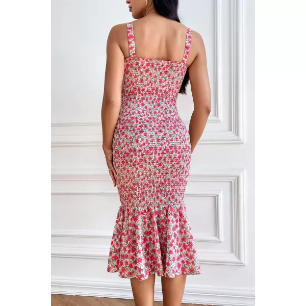 imagePRETTYGARDEN Womens Summer Floral Midi Tank Dress Sleeveless Strappy Ruffle Hem Smocked Bodycon DressesPink Red Floral
