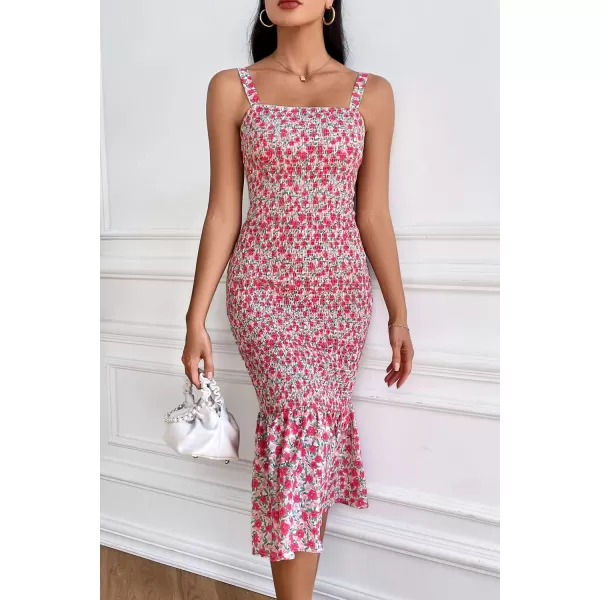 imagePRETTYGARDEN Womens Summer Floral Midi Tank Dress Sleeveless Strappy Ruffle Hem Smocked Bodycon DressesPink Red Floral
